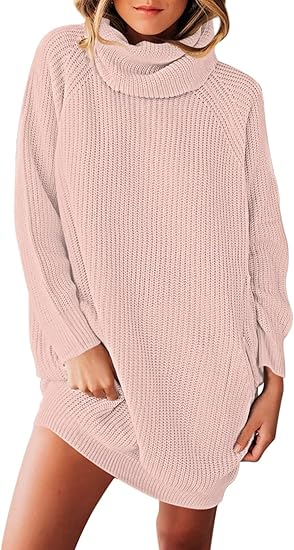 Rochie bej casual tricotata pentru femei, supradimensionata, guler larg, S [2]