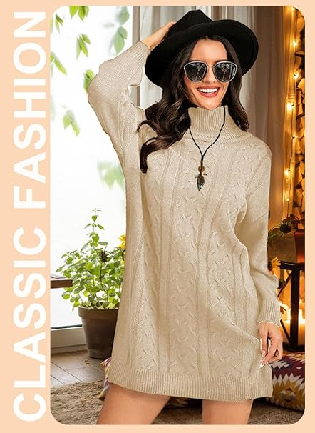 Rochie casual tricotata pentru femei, mâneci lungi, Bej L [2]