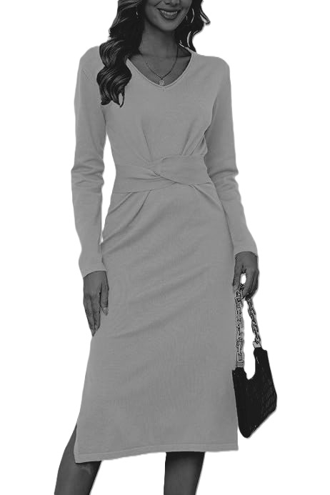 Rochie casual tricotata pentru femei peste genunchi, mâneci lungi, gri S [1]