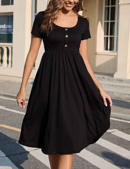 Rochie neagra casual vaporoasa, de zi cu zi, maneci scurte, decolteu rotund, S [2]