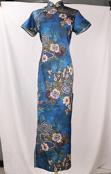 Rochie damă tip Cheongsam, midi, cu guler Mandarin, mâneci scurte, croi cambrat și șliț lateral – albastra 40, 2XL [2]