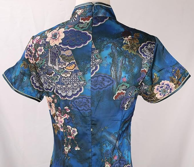 Rochie damă tip Cheongsam, midi, cu guler Mandarin, mâneci scurte, croi cambrat și șliț lateral – albastra 40, 2XL [6]