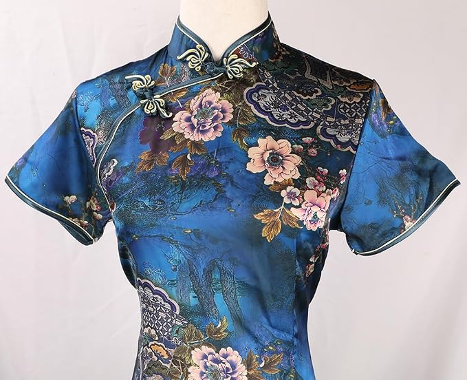 Rochie damă tip Cheongsam, midi, cu guler Mandarin, mâneci scurte, croi cambrat și șliț lateral – albastra 40, 2XL [5]