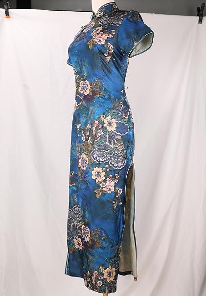 Rochie damă tip Cheongsam, midi, cu guler Mandarin, mâneci scurte, croi cambrat și șliț lateral – albastra 40, 2XL [3]