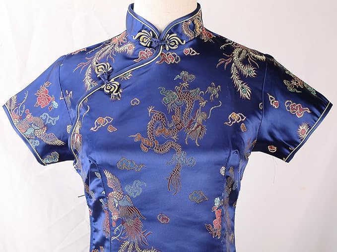 Rochie cheongsam (qipao) tradițională pentru femei slim fit cu guler mandarin – albastra 32, S [5]