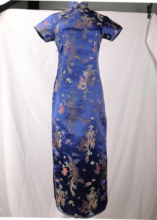 Rochie cheongsam (qipao) tradițională pentru femei slim fit cu guler mandarin – albastra 32, S [2]