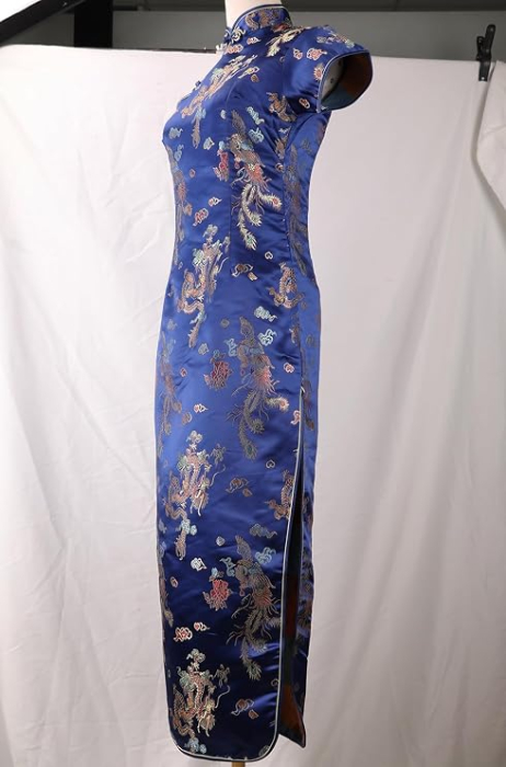 Rochie cheongsam (qipao) tradițională pentru femei slim fit cu guler mandarin – albastra 32, S [3]