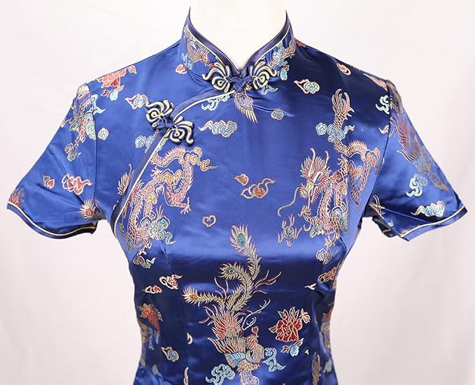 Rochie cheongsam (qipao) tradițională pentru femei slim fit cu guler mandarin – albastra 32, S [6]