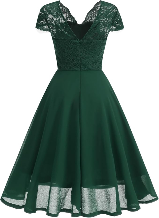 Rochie verde Damă Cocktail Midi din Dantelă, Croi A-Line, Decolteu în V, Mâneci Scurte, Elegantă, M [4]