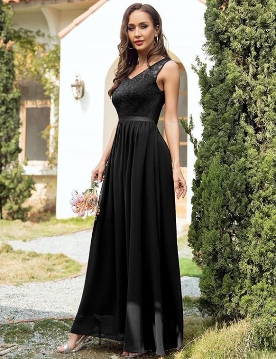 Rochie de seara lunga din dantela, fara maneci, Negru marimea M [5]