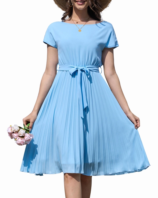 Rochie de vara cu talie inalta, cu maneci scurte, cordon talie, albastra XL [1]