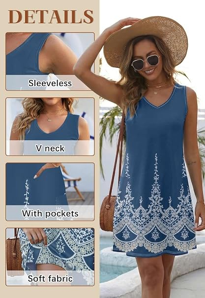 Rochie de Vară albastra Damă Joligiao, Decolteu în V, Fără Mâneci, cu Buzunare, S [5]