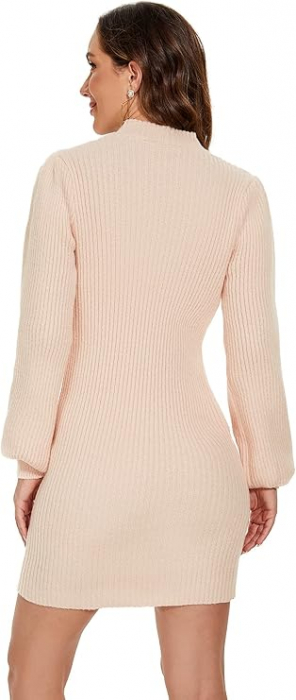 Rochie tricotata elastica, mulata, scurta, cu maneci lungi, bej, S [2]