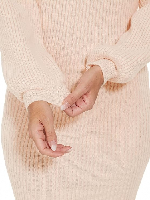 Rochie tricotata elastica, mulata, scurta, cu maneci lungi, bej, S [6]