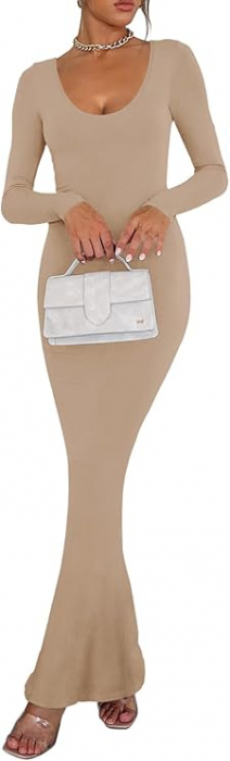 Rochie elastica, mulata, lunga, cu maneci lungi, bej, L [2]