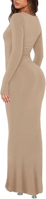 Rochie elastica, mulata, lunga, cu maneci lungi, bej, L [4]