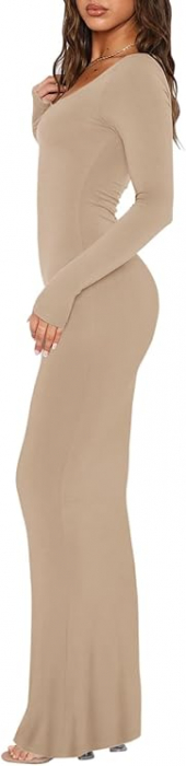 Rochie elastica, mulata, lunga, cu maneci lungi, bej, L [3]