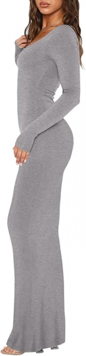 Rochie elastica, mulata, lunga, cu maneci lungi, gri, M [3]