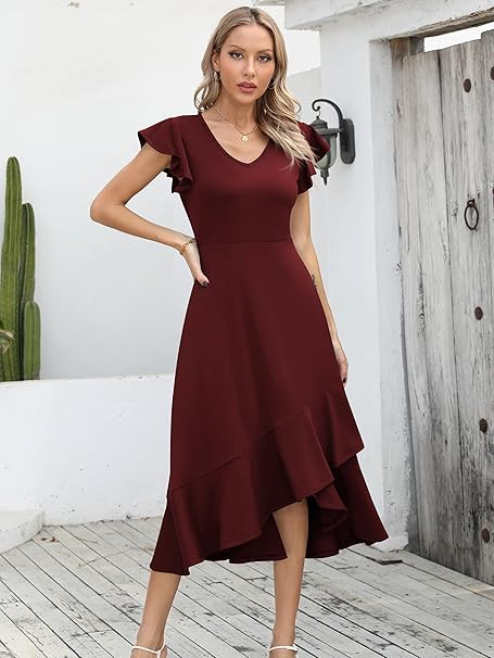 Rochie eleganta de vara,lungime peste genunchi, decolteu in V, fermoar ascuns pe spate, S visiniu [5]