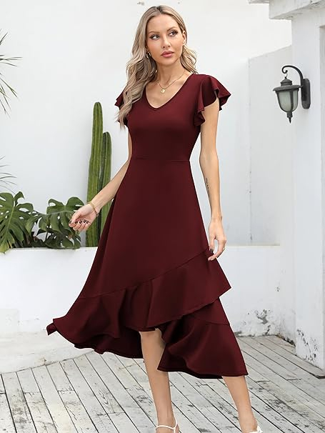 Rochie eleganta de vara,lungime peste genunchi, decolteu in V, fermoar ascuns pe spate, S visiniu [3]