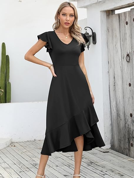 Rochie eleganta de vara,lungime peste genunchi, decolteu in V, fermoar ascuns pe spate, M negru [5]