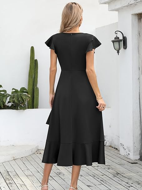 Rochie eleganta de vara,lungime peste genunchi, decolteu in V, fermoar ascuns pe spate, M negru [2]