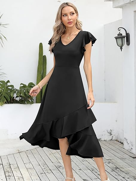 Rochie eleganta de vara,lungime peste genunchi, decolteu in V, fermoar ascuns pe spate, M negru [3]