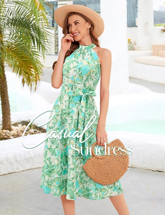 Rochie alba cu flori verzi, eleganta, peste genunchi, fara mâneci, L [2]