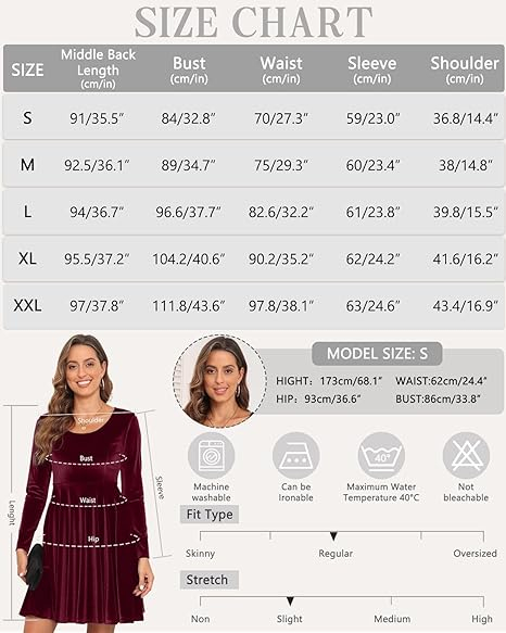 Rochie eleganta din catifea pentru femei deasupra la genunchi, mâneci lungi, Visinie 2XL [7]