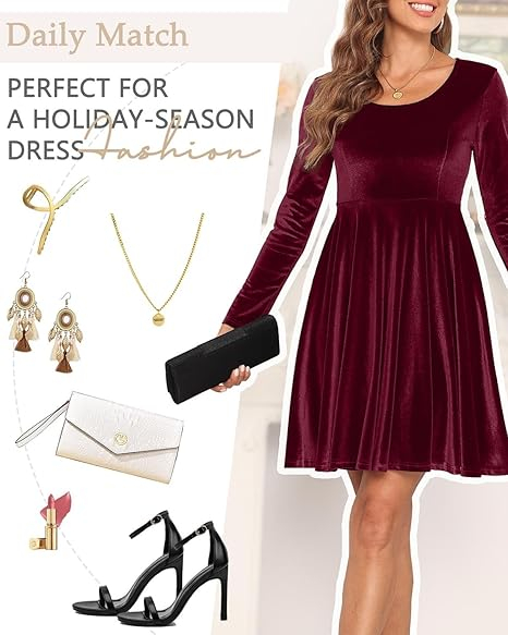 Rochie eleganta din catifea pentru femei deasupra la genunchi, mâneci lungi, Visinie 2XL [4]