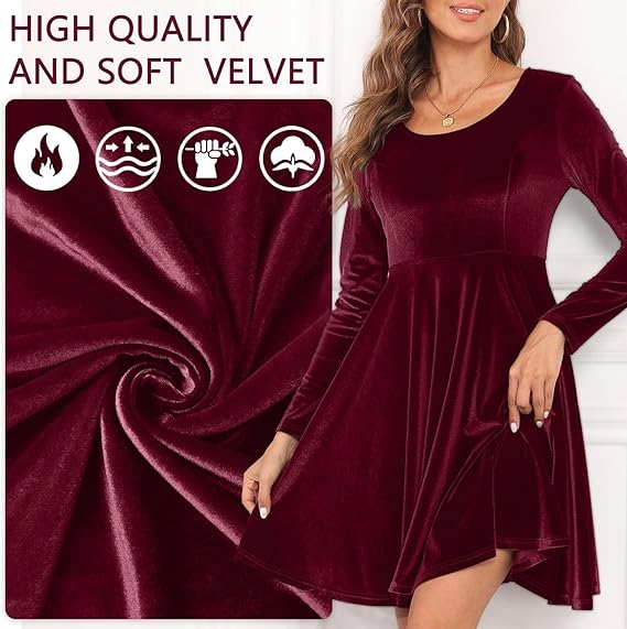 Rochie eleganta din catifea pentru femei deasupra la genunchi, mâneci lungi, Visinie M [5]