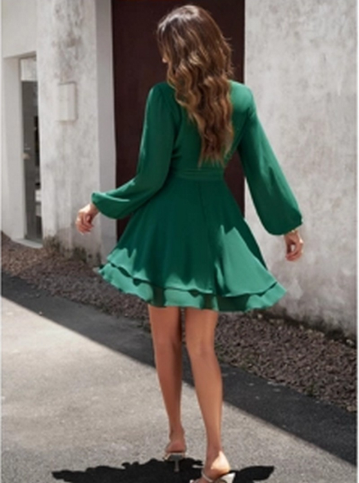 Rochie eleganta lunga deasupra la genunchi, cu mâneci lungi, Verde M [2]