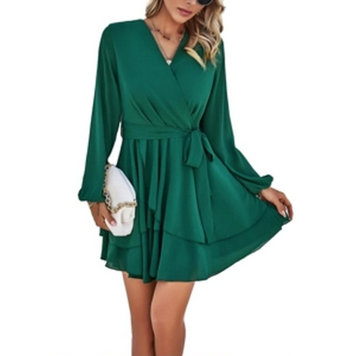 Rochie eleganta lunga deasupra la genunchi, cu mâneci lungi, Verde S [1]