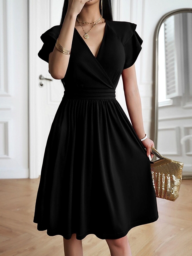 Rochie eleganta lunga peste genunchi, cu mâneci scurte, Negru M [5]