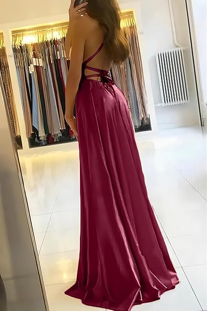 Rochie eleganta lunga din satin, fara maneci, talie inalta, rosie M [3]