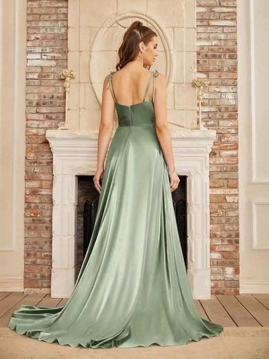 Rochie eleganta lunga din satin, fara maneci, talie supla, verde S [2]