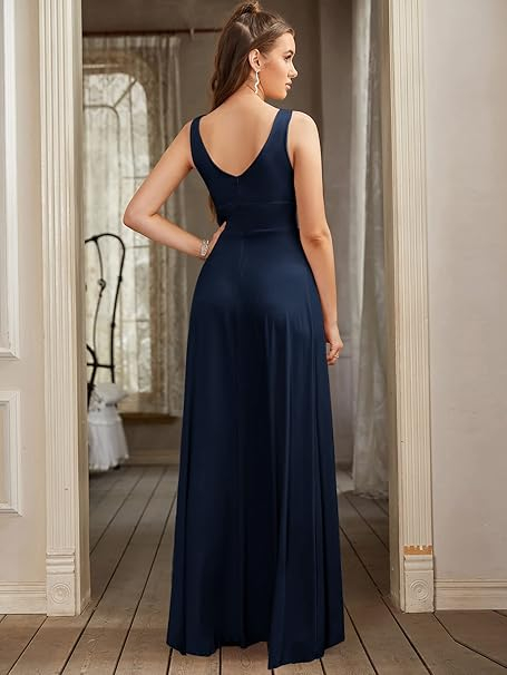 Rochie eleganta lunga din satin, fara maneci, talie supla, albastra 46 [4]