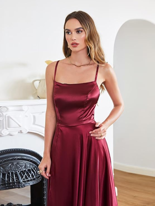 Rochie rosie eleganta lunga din satin, fara maneci, talie supla, marimea 44 [6]