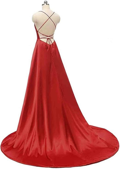 Rochie eleganta lunga din satin, fara maneci, talie supla, rosie XL [5]