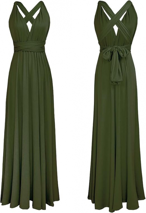 Rochie eleganta lunga, fara maneci, spate gol, talie inalta, Verde inchis M [3]