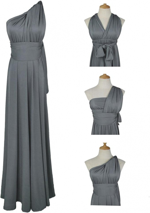 Rochie eleganta lunga, fara maneci, spate gol, talie inalta, gri L [4]