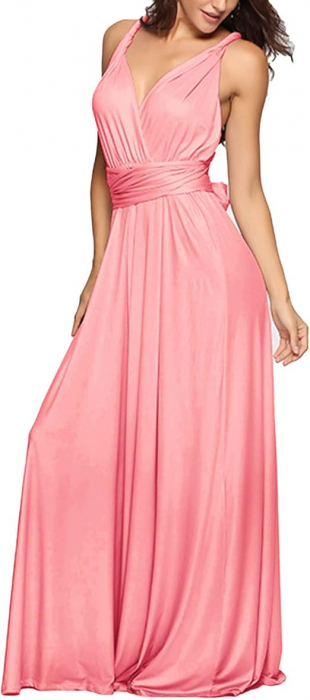 Rochie eleganta lunga, fara maneci, spate gol, talie inalta, Roz M [2]