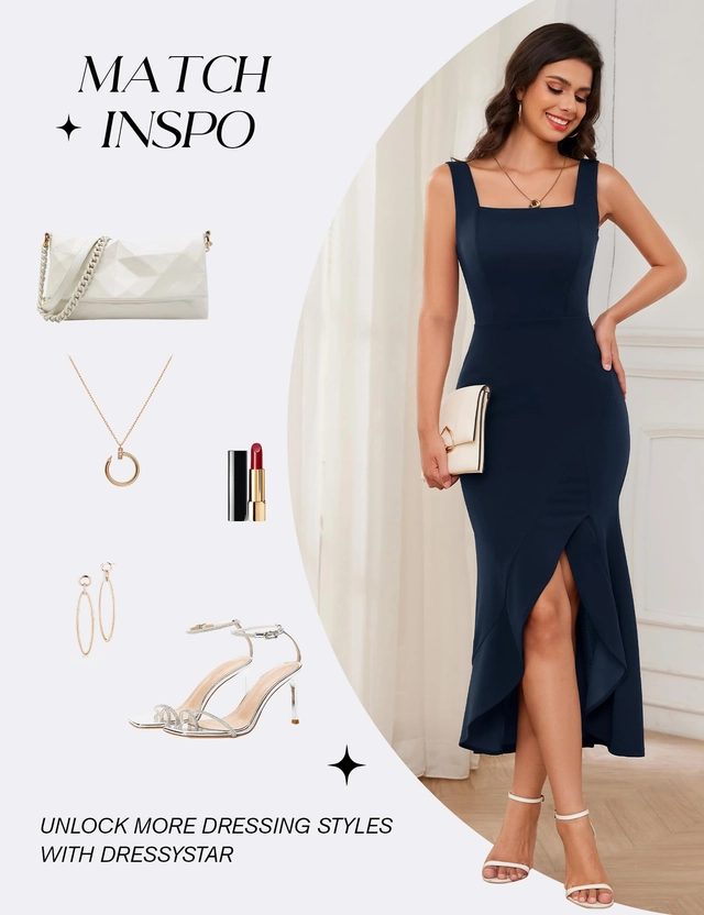 Rochie eleganta lunga, mulata pe corp, fara mâneci, albastru inchis XL [5]