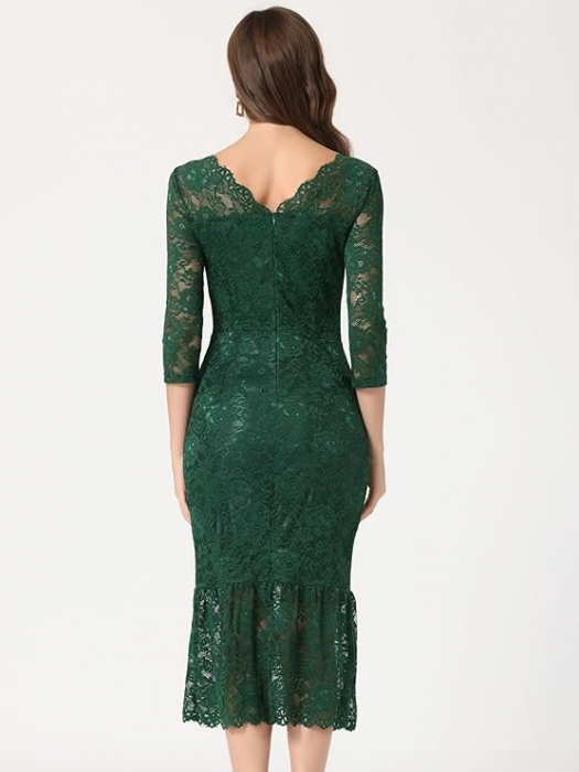 Rochie eleganta lunga peste genunchi, mulata pe corp, mâneci 3/4, Verde S [4]