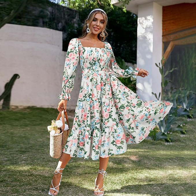 Rochie eleganta lunga pana la genunchi, mâneci lungi, Alb floral M [2]