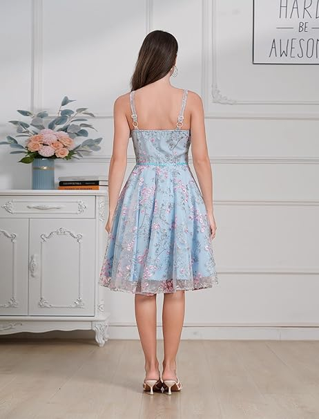 Rochie eleganta lunga pana la genunchi, fara mâneci, Albastru floral S [5]