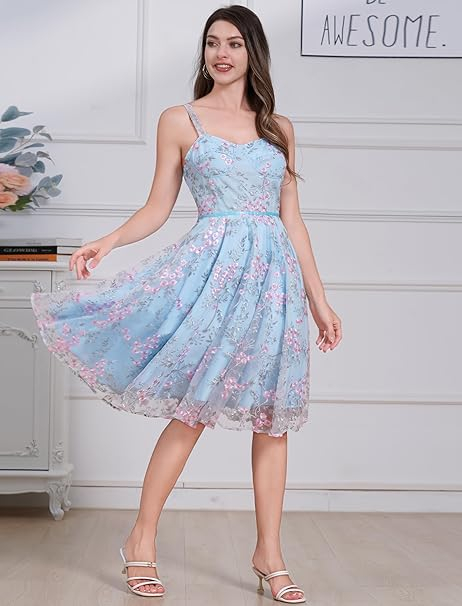 Rochie eleganta lunga pana la genunchi, fara mâneci, Albastru floral S [3]
