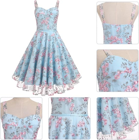 Rochie eleganta lunga pana la genunchi, fara mâneci, Albastru floral S [6]