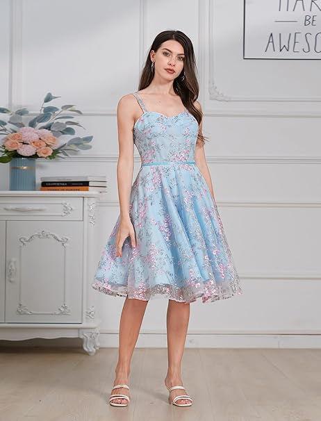 Rochie eleganta lunga pana la genunchi, fara mâneci, Albastru floral S [4]