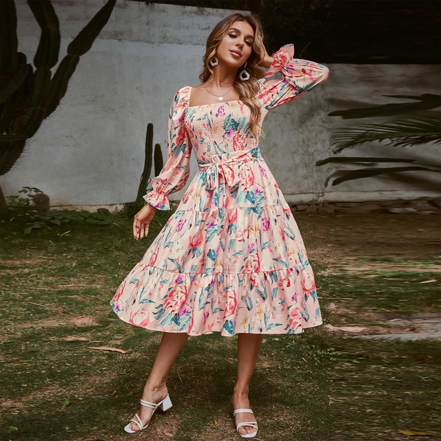 Rochie eleganta lunga pana la genunchi, mâneci lungi, crem floral M [3]